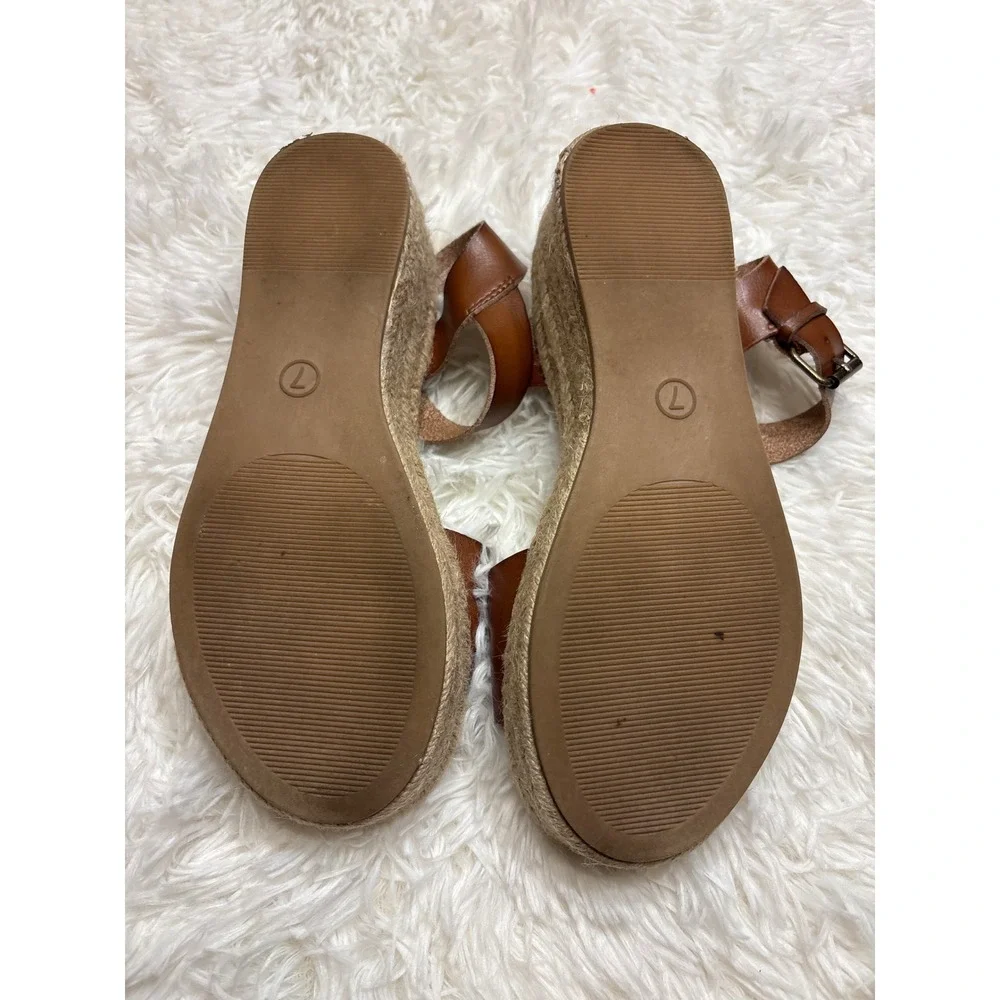 Brown Faux Leather Espadrille Platform Wedge Sandals Ankle Strap Women Size 7